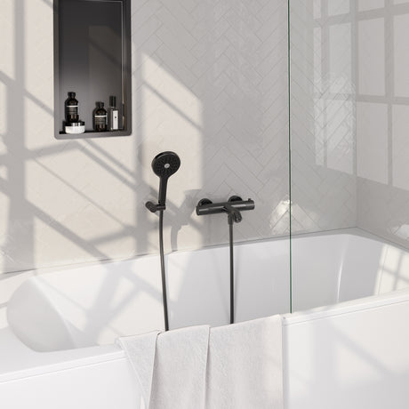 BRAUER Gunmetal Carving opbouw baddouche thermostaatkraan SET 04 met wandhouder en 3-standen handdouche en doucheslang gunmetal geborsteld PVD 5-GM-247