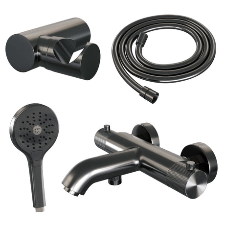 BRAUER Gunmetal Carving opbouw baddouche thermostaatkraan SET 04 met wandhouder en 3-standen handdouche en doucheslang gunmetal geborsteld PVD 5-GM-247