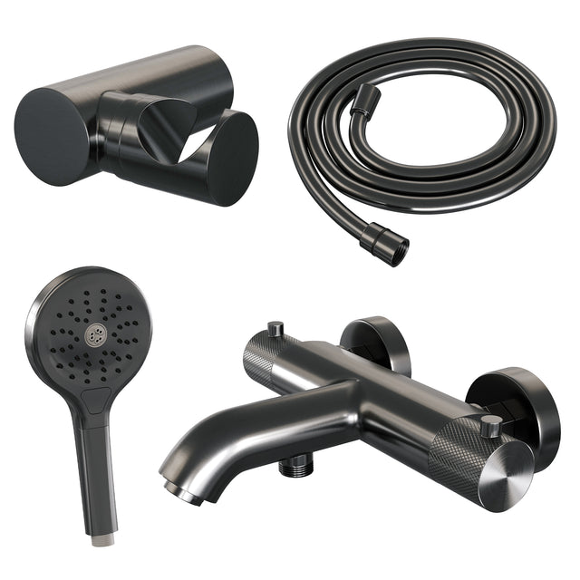 BRAUER Gunmetal Carving opbouw baddouche thermostaatkraan SET 04 met wandhouder en 3-standen handdouche en doucheslang gunmetal geborsteld PVD 5-GM-247