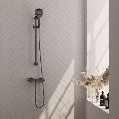 BRAUER Gunmetal Carving opbouw douche thermostaatkraan SET 02 met glijstang en 3-standen handdouche en doucheslang gunmetal geborsteld PVD 5-GM-250