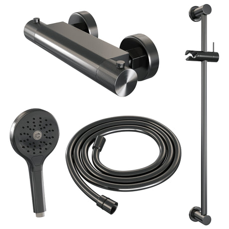 BRAUER Gunmetal Carving opbouw douche thermostaatkraan SET 02 met glijstang en 3-standen handdouche en doucheslang gunmetal geborsteld PVD 5-GM-250