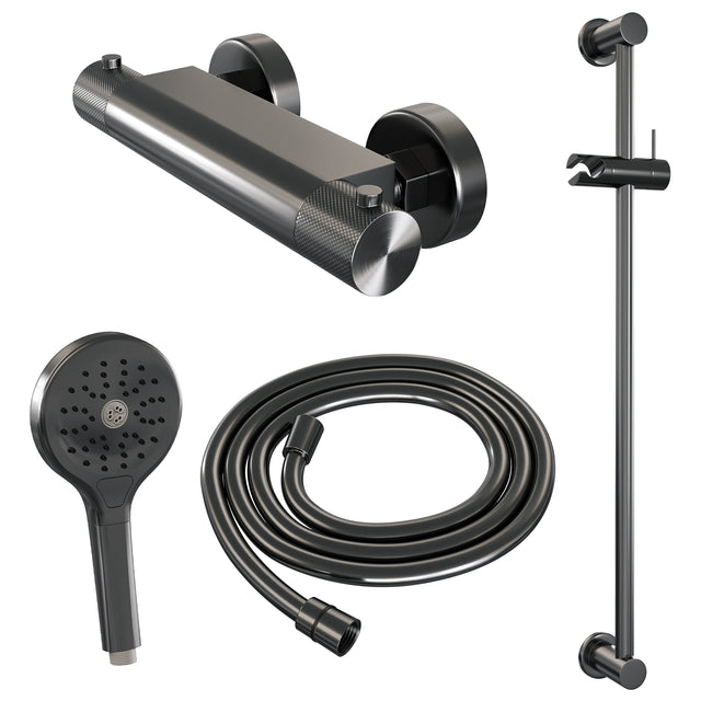 BRAUER Gunmetal Carving opbouw douche thermostaatkraan SET 02 met glijstang en 3-standen handdouche en doucheslang gunmetal geborsteld PVD 5-GM-250