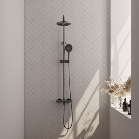 BRAUER Gunmetal Carving opbouw thermostatische regendouche SET 02 met 20 cm hoofddouche en 3-standen handdouche en doucheslang gunmetal geborsteld PVD 5-GM-254