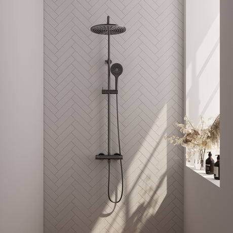 BRAUER Gunmetal Carving opbouw thermostatische regendouche SET 04 met 30 cm hoofddouche en 3-standen handdouche en doucheslang gunmetal geborsteld PVD 5-GM-256