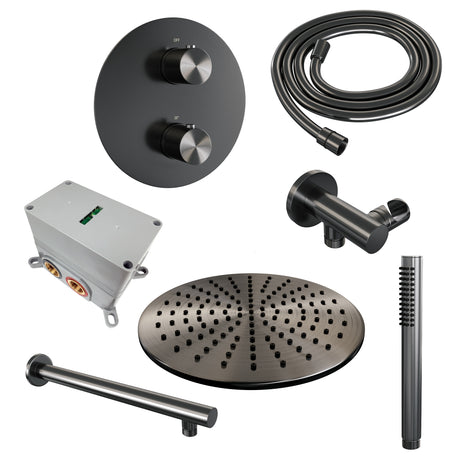 BRAUER Gunmetal Edition thermostatische inbouw regendouche 3-weg rond SET 74 met 30 cm douchekop en rechte muurarm en staaf handdouche en doucheslang en wandaansluitbocht gunmetal geborsteld PVD 5-GM-268