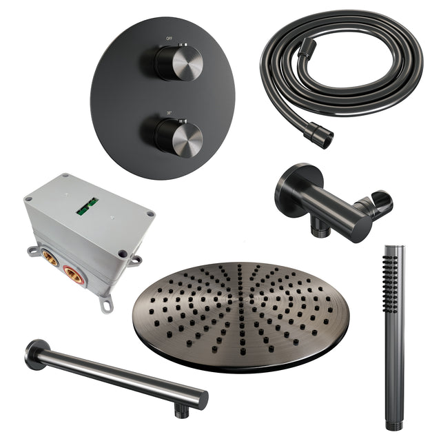 BRAUER Gunmetal Edition thermostatische inbouw regendouche 3-weg rond SET 74 met 30 cm douchekop en rechte muurarm en staaf handdouche en doucheslang en wandaansluitbocht gunmetal geborsteld PVD 5-GM-268