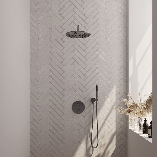 BRAUER Gunmetal Edition thermostatische inbouw regendouche 3-weg rond SET 76 met 30 cm douchekop en gebogen muurarm en staaf handdouche en doucheslang en wandaansluitbocht gunmetal geborsteld PVD 5-GM-270