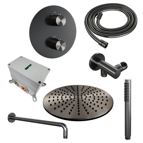 BRAUER Gunmetal Edition thermostatische inbouw regendouche 3-weg rond SET 76 met 30 cm douchekop en gebogen muurarm en staaf handdouche en doucheslang en wandaansluitbocht gunmetal geborsteld PVD 5-GM-270