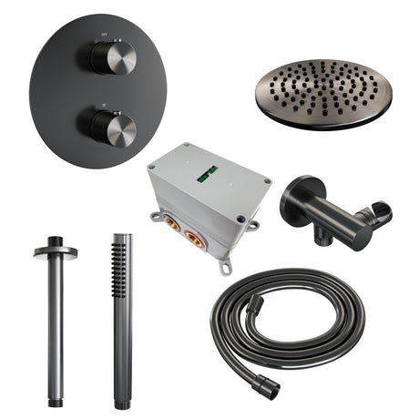 BRAUER Gunmetal Edition thermostatische inbouw regendouche 3-weg rond SET 77 met 20 cm douchekop en plafondarm en staaf handdouche en doucheslang en wandaansluitbocht gunmetal geborsteld PVD 5-GM-271