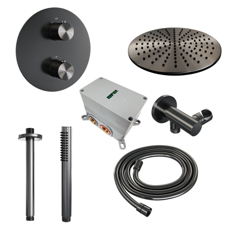 BRAUER Gunmetal Edition thermostatische inbouw regendouche 3-weg rond SET 78 met 30 cm douchekop en plafondarm en staaf handdouche en doucheslang en wandaansluitbocht gunmetal geborsteld PVD 5-GM-272
