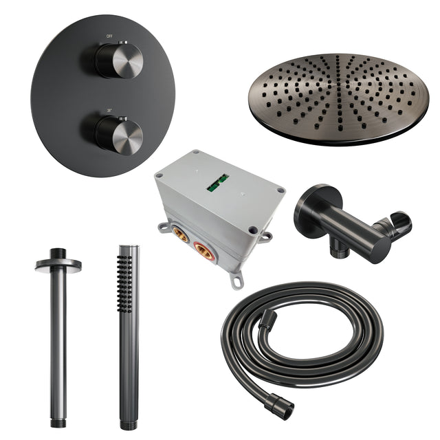 BRAUER Gunmetal Edition thermostatische inbouw regendouche 3-weg rond SET 78 met 30 cm douchekop en plafondarm en staaf handdouche en doucheslang en wandaansluitbocht gunmetal geborsteld PVD 5-GM-272