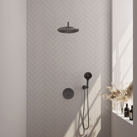 BRAUER Gunmetal Edition thermostatische inbouw regendouche 3-weg rond SET 82 met 30 cm douchekop en gebogen muurarm en 3-standen handdouche en doucheslang en wandaansluitbocht gunmetal geborsteld PVD 5-GM-276