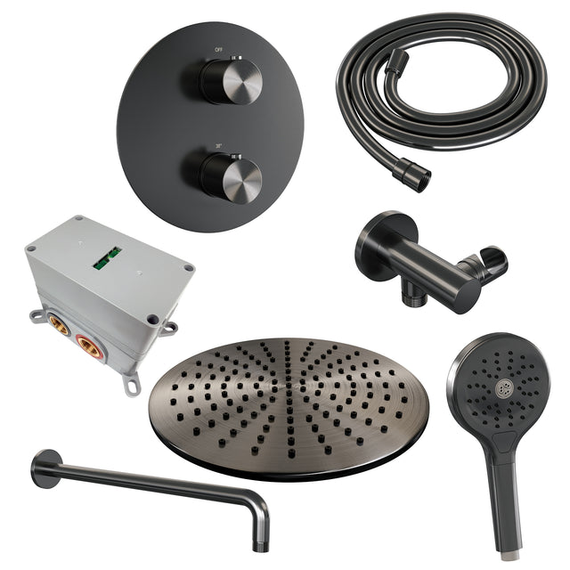 BRAUER Gunmetal Edition thermostatische inbouw regendouche 3-weg rond SET 82 met 30 cm douchekop en gebogen muurarm en 3-standen handdouche en doucheslang en wandaansluitbocht gunmetal geborsteld PVD 5-GM-276