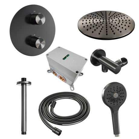 BRAUER Gunmetal Edition thermostatische inbouw regendouche 3-weg rond SET 84 met 30 cm douchekop en plafondarm en 3-standen handdouche en doucheslang en wandaansluitbocht gunmetal geborsteld PVD 5-GM-278