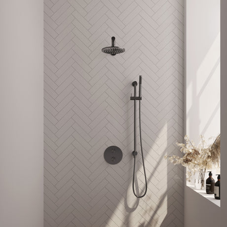 BRAUER Gunmetal Edition thermostatische inbouw regendouche 3-weg rond SET 85 met 20 cm douchekop en rechte muurarm en staaf handdouche en doucheslang en geÃ¯ntegreerde glijstang gunmetal geborsteld PVD 5-GM-279