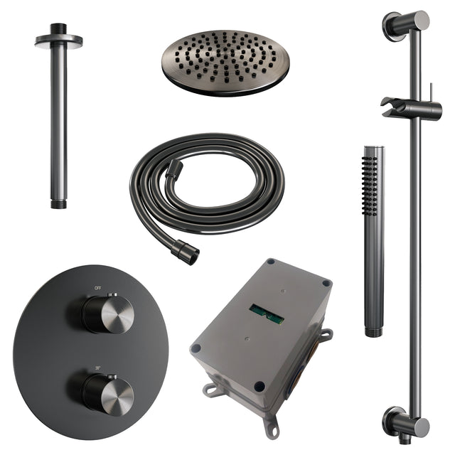 BRAUER Gunmetal Edition thermostatische inbouw regendouche 3-weg rond SET 89 met 20 cm douchekop en plafondarm en staaf handdouche en doucheslang en geÃ¯ntegreerde glijstang gunmetal geborsteld PVD 5-GM-283