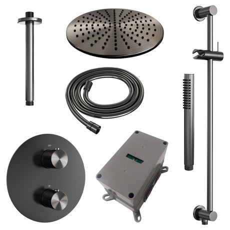 BRAUER Gunmetal Edition thermostatische inbouw regendouche 3-weg rond SET 90 met 30 cm douchekop en plafondarm en staaf handdouche en doucheslang en geÃ¯ntegreerde glijstang gunmetal geborsteld PVD 5-GM-284