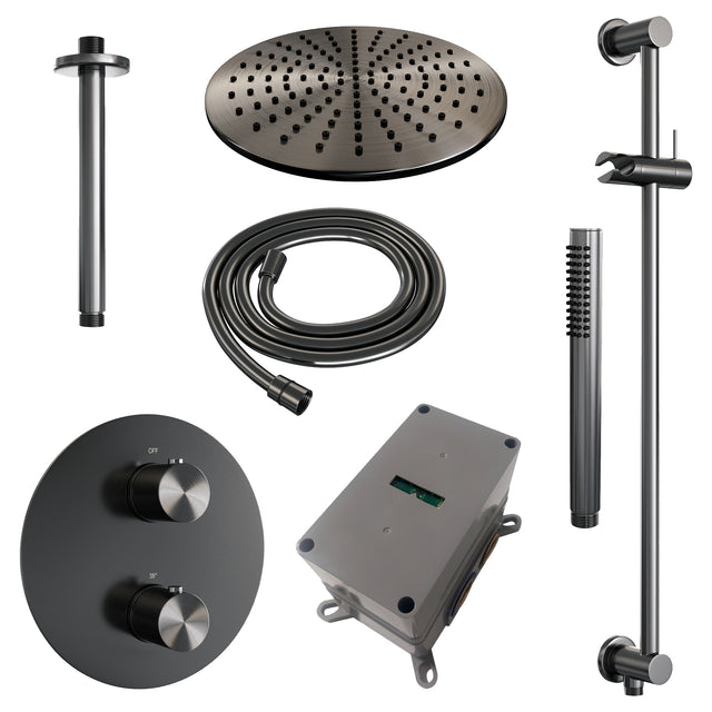 BRAUER Gunmetal Edition thermostatische inbouw regendouche 3-weg rond SET 90 met 30 cm douchekop en plafondarm en staaf handdouche en doucheslang en geÃ¯ntegreerde glijstang gunmetal geborsteld PVD 5-GM-284