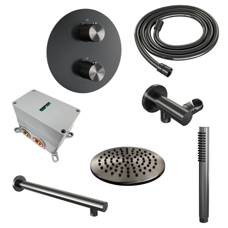 BRAUER Gunmetal Carving thermostatische inbouw regendouche 3-weg rond SET 73 met 20 cm douchekop en rechte muurarm en staaf handdouche en doucheslang en wandaansluitbocht gunmetal geborsteld PVD 5-GM-291