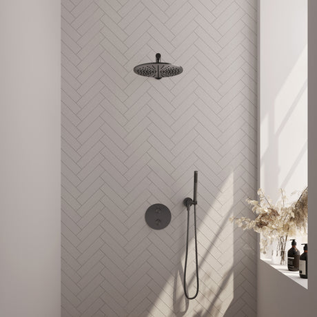 BRAUER Gunmetal Carving thermostatische inbouw regendouche 3-weg rond SET 74 met 30 cm douchekop en rechte muurarm en staaf handdouche en doucheslang en wandaansluitbocht gunmetal geborsteld PVD 5-GM-292