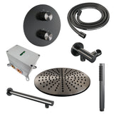 BRAUER Gunmetal Carving thermostatische inbouw regendouche 3-weg rond SET 74 met 30 cm douchekop en rechte muurarm en staaf handdouche en doucheslang en wandaansluitbocht gunmetal geborsteld PVD 5-GM-292