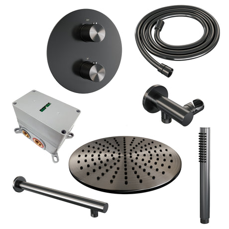 BRAUER Gunmetal Carving thermostatische inbouw regendouche 3-weg rond SET 74 met 30 cm douchekop en rechte muurarm en staaf handdouche en doucheslang en wandaansluitbocht gunmetal geborsteld PVD 5-GM-292