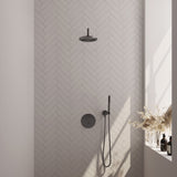 BRAUER Gunmetal Carving thermostatische inbouw regendouche 3-weg rond SET 75 met 20 cm douchekop en gebogen muurarm en staaf handdouche en doucheslang en wandaansluitbocht gunmetal geborsteld PVD 5-GM-293