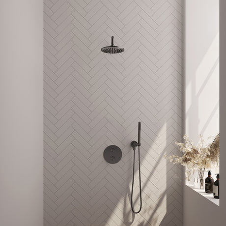 BRAUER Gunmetal Carving thermostatische inbouw regendouche 3-weg rond SET 75 met 20 cm douchekop en gebogen muurarm en staaf handdouche en doucheslang en wandaansluitbocht gunmetal geborsteld PVD 5-GM-293