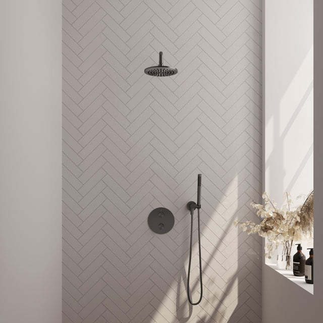 BRAUER Gunmetal Carving thermostatische inbouw regendouche 3-weg rond SET 75 met 20 cm douchekop en gebogen muurarm en staaf handdouche en doucheslang en wandaansluitbocht gunmetal geborsteld PVD 5-GM-293