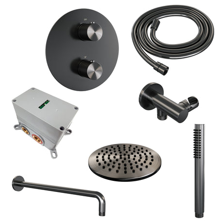 BRAUER Gunmetal Carving thermostatische inbouw regendouche 3-weg rond SET 75 met 20 cm douchekop en gebogen muurarm en staaf handdouche en doucheslang en wandaansluitbocht gunmetal geborsteld PVD 5-GM-293