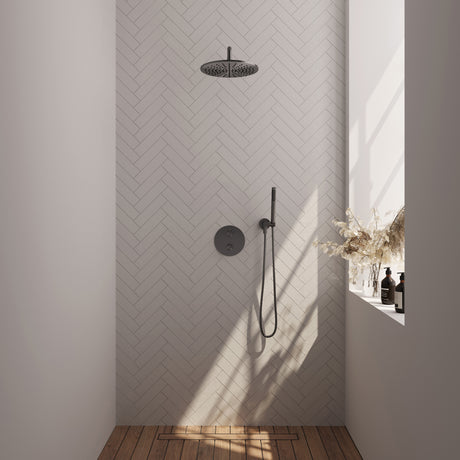 BRAUER Gunmetal Carving thermostatische inbouw regendouche 3-weg rond SET 76 met 30 cm douchekop en gebogen muurarm en staaf handdouche en doucheslang en wandaansluitbocht gunmetal geborsteld PVD 5-GM-294