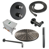BRAUER Gunmetal Carving thermostatische inbouw regendouche 3-weg rond SET 76 met 30 cm douchekop en gebogen muurarm en staaf handdouche en doucheslang en wandaansluitbocht gunmetal geborsteld PVD 5-GM-294