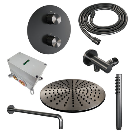 BRAUER Gunmetal Carving thermostatische inbouw regendouche 3-weg rond SET 76 met 30 cm douchekop en gebogen muurarm en staaf handdouche en doucheslang en wandaansluitbocht gunmetal geborsteld PVD 5-GM-294