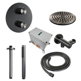 BRAUER Gunmetal Carving thermostatische inbouw regendouche 3-weg rond SET 77 met 20 cm douchekop en plafondarm en staaf handdouche en doucheslang en wandaansluitbocht gunmetal geborsteld PVD 5-GM-295