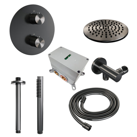 BRAUER Gunmetal Carving thermostatische inbouw regendouche 3-weg rond SET 77 met 20 cm douchekop en plafondarm en staaf handdouche en doucheslang en wandaansluitbocht gunmetal geborsteld PVD 5-GM-295