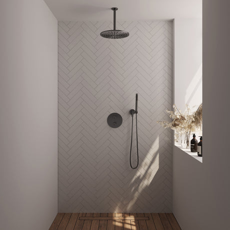 BRAUER Gunmetal Carving thermostatische inbouw regendouche 3-weg rond SET 78 met 30 cm douchekop en plafondarm en staaf handdouche en doucheslang en wandaansluitbocht gunmetal geborsteld PVD 5-GM-296