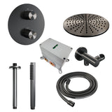 BRAUER Gunmetal Carving thermostatische inbouw regendouche 3-weg rond SET 78 met 30 cm douchekop en plafondarm en staaf handdouche en doucheslang en wandaansluitbocht gunmetal geborsteld PVD 5-GM-296