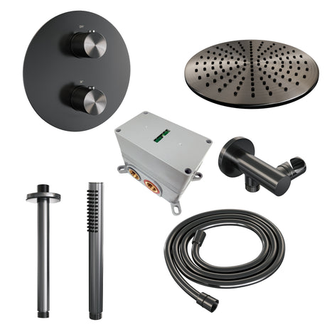 BRAUER Gunmetal Carving thermostatische inbouw regendouche 3-weg rond SET 78 met 30 cm douchekop en plafondarm en staaf handdouche en doucheslang en wandaansluitbocht gunmetal geborsteld PVD 5-GM-296
