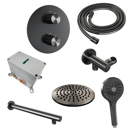 BRAUER Gunmetal Carving thermostatische inbouw regendouche 3-weg rond SET 79 met 20 cm douchekop en rechte muurarm en 3-standen handdouche en doucheslang en wandaansluitbocht gunmetal geborsteld PVD 5-GM-297