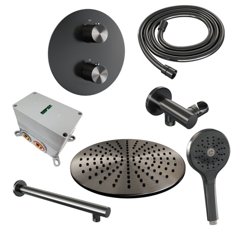 BRAUER Gunmetal Carving thermostatische inbouw regendouche 3-weg rond SET 80 met 30 cm douchekop en rechte muurarm en 3-standen handdouche en doucheslang en wandaansluitbocht gunmetal geborsteld PVD 5-GM-298