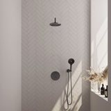 BRAUER Gunmetal Carving thermostatische inbouw regendouche 3-weg rond SET 81 met 20 cm douchekop en gebogen muurarm en 3-standen handdouche en doucheslang en wandaansluitbocht gunmetal geborsteld PVD 5-GM-299