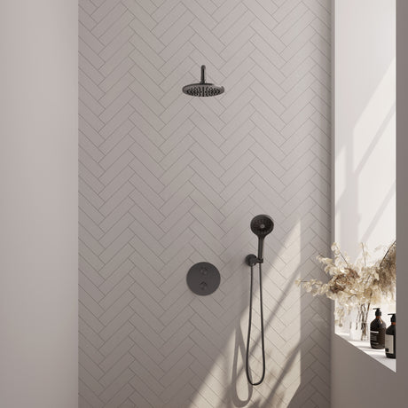 BRAUER Gunmetal Carving thermostatische inbouw regendouche 3-weg rond SET 81 met 20 cm douchekop en gebogen muurarm en 3-standen handdouche en doucheslang en wandaansluitbocht gunmetal geborsteld PVD 5-GM-299