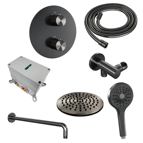 BRAUER Gunmetal Carving thermostatische inbouw regendouche 3-weg rond SET 81 met 20 cm douchekop en gebogen muurarm en 3-standen handdouche en doucheslang en wandaansluitbocht gunmetal geborsteld PVD 5-GM-299