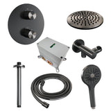 BRAUER Gunmetal Carving thermostatische inbouw regendouche 3-weg rond SET 83 met 20 cm douchekop en plafondarm en 3-standen handdouche en doucheslang en wandaansluitbocht gunmetal geborsteld PVD 5-GM-301