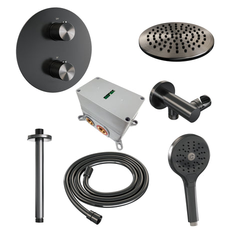 BRAUER Gunmetal Carving thermostatische inbouw regendouche 3-weg rond SET 83 met 20 cm douchekop en plafondarm en 3-standen handdouche en doucheslang en wandaansluitbocht gunmetal geborsteld PVD 5-GM-301