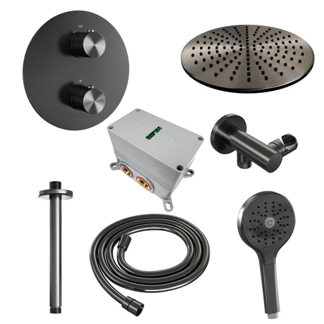 BRAUER Gunmetal Carving thermostatische inbouw regendouche 3-weg rond SET 84 met 30 cm douchekop en plafondarm en 3-standen handdouche en doucheslang en wandaansluitbocht gunmetal geborsteld PVD 5-GM-302