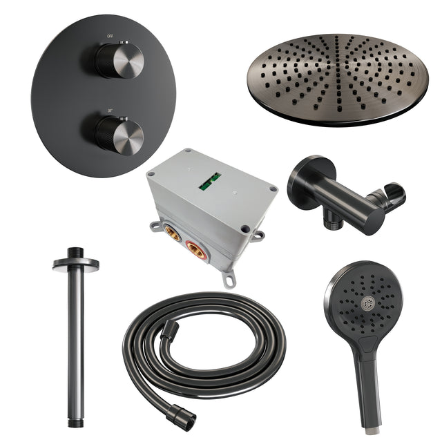 BRAUER Gunmetal Carving thermostatische inbouw regendouche 3-weg rond SET 84 met 30 cm douchekop en plafondarm en 3-standen handdouche en doucheslang en wandaansluitbocht gunmetal geborsteld PVD 5-GM-302