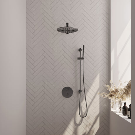 BRAUER Gunmetal Carving thermostatische inbouw regendouche 3-weg rond SET 86 met 30 cm douchekop en rechte muurarm en staaf handdouche en doucheslang en geÃ¯ntegreerde glijstang gunmetal geborsteld PVD 5-GM-304