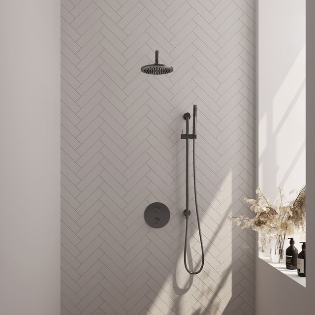 BRAUER Gunmetal Carving thermostatische inbouw regendouche 3-weg rond SET 87 met 20 cm douchekop en gebogen muurarm en staaf handdouche en doucheslang en geÃ¯ntegreerde glijstang gunmetal geborsteld PVD 5-GM-305