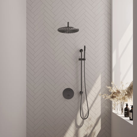 BRAUER Gunmetal Carving thermostatische inbouw regendouche 3-weg rond SET 88 met 30 cm douchekop en gebogen muurarm en staaf handdouche en doucheslang en geÃ¯ntegreerde glijstang gunmetal geborsteld PVD 5-GM-306